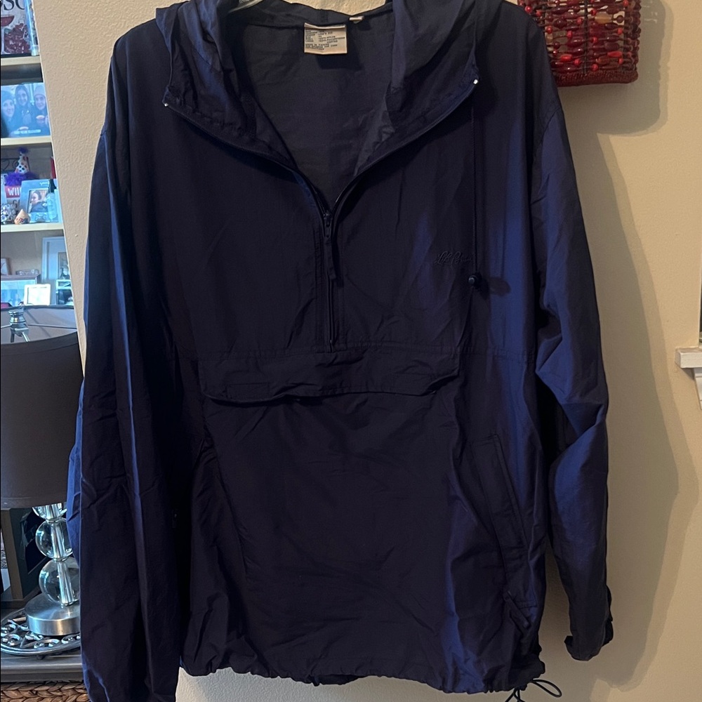 LL Bean Mens Navy Hoodie Windbreaker zip front side pocket Jacket pull string XL